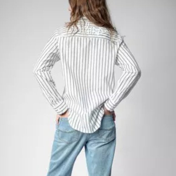 Zadig & Voltaire White Taskiz Pop Raye Strass Striped Shirt Sz M - Picture 12 of 16